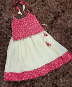 Ekanta Mini Corner Maroon Banaras Top With Cream Skirt Mini