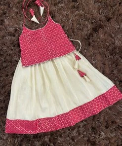 Ekanta Mini Corner Maroon Banaras Top With Cream Skirt Mini