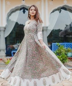 PRINTS VALLEY Green Pink Floral Mughal Dress