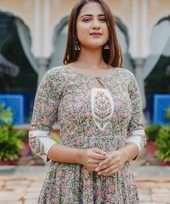 PRINTS VALLEY Green Pink Floral Mughal Dress