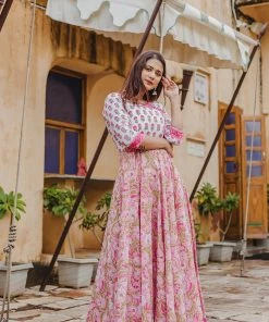 PRINTS VALLEY Jaipur Tales White Buti Pink Floral Dress