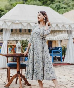 PRINTS VALLEY Grey Blue Floral Midi Jaipur Tales
