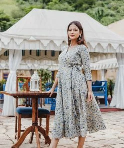 PRINTS VALLEY Grey Blue Floral Midi Jaipur Tales