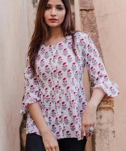 PRINTS VALLEY Jaipur Tales White Red Buti Peplum Top