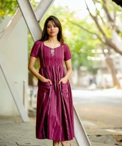 Niram Ever Willow Zari Striped Ankle Length Dress - Purple