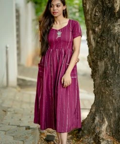 Niram Ever Willow Zari Striped Ankle Length Dress - Purple