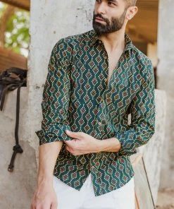 PRINTS VALLEY Men's Shirt Green Bandhej Print Shirt