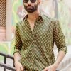 PRINTS VALLEY Men's Shirt Green Ajrakh Red Rose Shirt