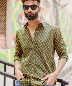 PRINTS VALLEY Men's Shirt Green Ajrakh Red Rose Shirt