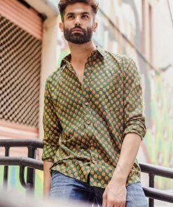 PRINTS VALLEY Men's Shirt Green Ajrakh Red Rose Shirt