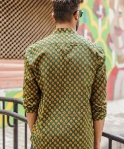 PRINTS VALLEY Men's Shirt Green Ajrakh Red Rose Shirt