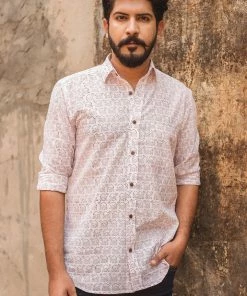 PRINTS VALLEY White Camel Blockprint Shirt Men's Shirt