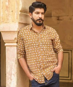 PRINTS VALLEY Men's Shirt Brown Camel Shirt