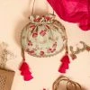 AMYRA Purse & Potli GUL EMBROIDERED SILK POTLI - MINT WITH PINK TASSELS