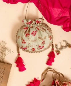 AMYRA Purse & Potli GUL EMBROIDERED SILK POTLI - MINT WITH PINK TASSELS
