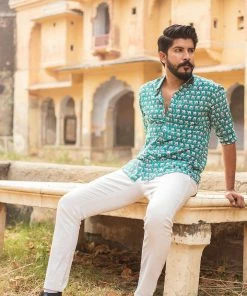 PRINTS VALLEY Men's Shirt Sea Blue Camel Print Shirt