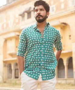 PRINTS VALLEY Men's Shirt Sea Blue Camel Print Shirt