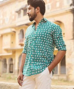 PRINTS VALLEY Men's Shirt Sea Blue Camel Print Shirt