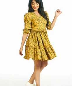 Threeness Mustard Tier Dress