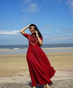 Threeness Maroon Ikat Gown Breezy Summer