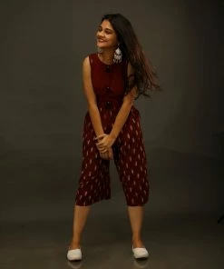 Threeness Breezy Summer Maroon Ikat Jumpsuit