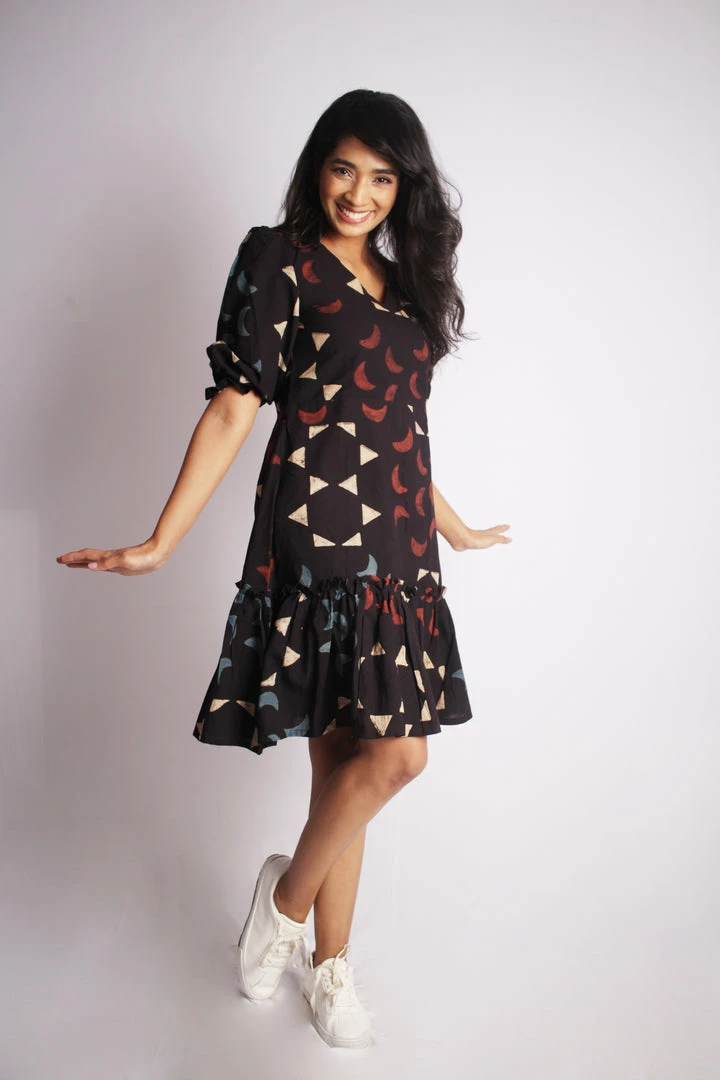 Threeness Ajrakh Moon Frill Dress 1 Threeness Ajrakh Moon Frill Dress