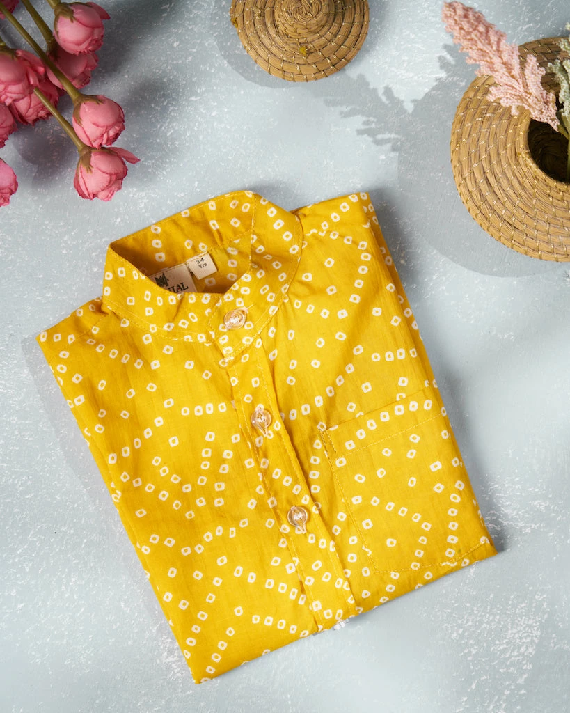 Manjal Couture Yellow Bandhini Shirt Mini Corner 1 Manjal Couture Yellow Bandhini Shirt Mini Corner