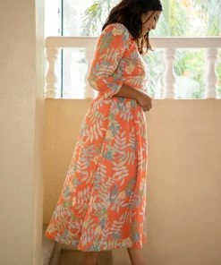 Threeness Breezy Summer Orange Tropical Button Down Dress