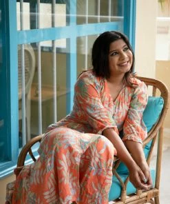 Threeness Breezy Summer Orange Tropical Button Down Dress