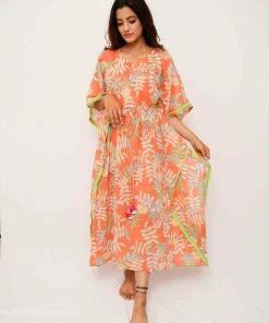 Threeness Orange Tropical Kaftan Breezy Summer