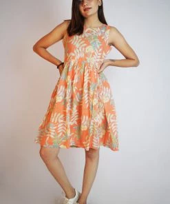 Threeness Orange Tropical Short Dress