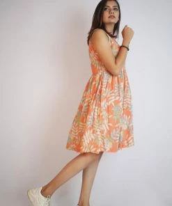 Threeness Orange Tropical Short Dress