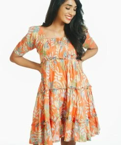 Threeness Orange Tropical Short Frill Dress