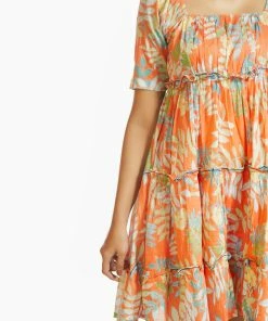 Threeness Orange Tropical Short Frill Dress