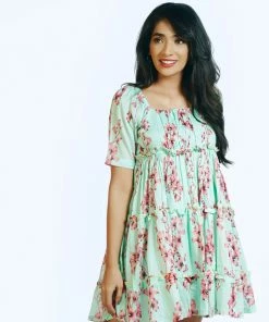 Threeness Pink Blue Tropical Short Frill Dress