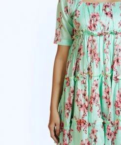 Threeness Pink Blue Tropical Short Frill Dress