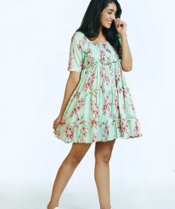 Threeness Pink Blue Tropical Short Frill Dress