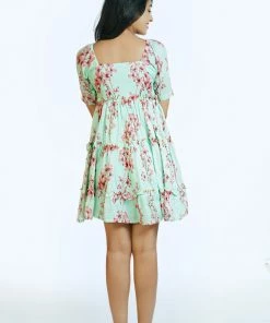 Threeness Pink Blue Tropical Short Frill Dress