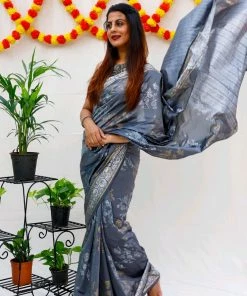 Tashi Threads Hand Block Printed Rayon Silk Saree - Grey Sarees