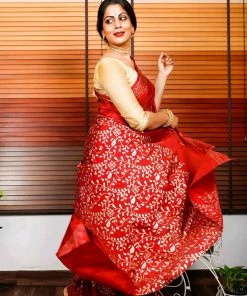 Tashi Threads Sarees Hand Block Printed Rayon Silk Saree - Maroon