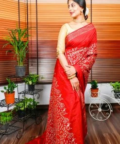 Tashi Threads Sarees Hand Block Printed Rayon Silk Saree - Maroon