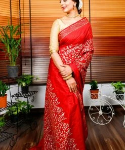 Tashi Threads Sarees Hand Block Printed Rayon Silk Saree - Maroon