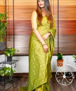 Tashi Threads Sarees Hand Block Printed Rayon Silk Saree - Henna Green