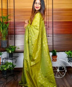 Tashi Threads Sarees Hand Block Printed Rayon Silk Saree - Henna Green