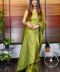 Tashi Threads Sarees Hand Block Printed Rayon Silk Saree - Henna Green