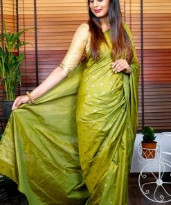 Tashi Threads Sarees Hand Block Printed Rayon Silk Saree - Henna Green