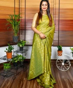 Tashi Threads Sarees Hand Block Printed Rayon Silk Saree - Henna Green