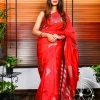 Tashi Threads Hand Block Printed Rayon Silk Saree - Red Sarees