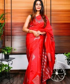 Tashi Threads Hand Block Printed Rayon Silk Saree - Red Sarees