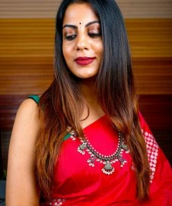 Tashi Threads Hand Block Printed Rayon Silk Saree - Red Sarees